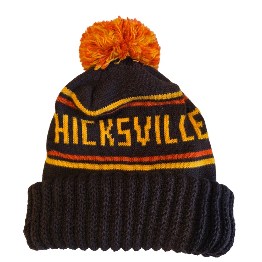 Vintage 70s Hicksville Pines Ski Beanie Hat Pom Pom Brown Orange Knit Toboggan
